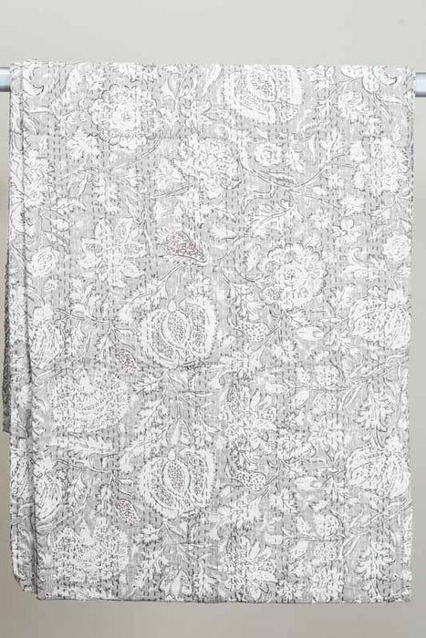 Couvre-lit en coton Kantha, 220x270cm, gris clair/blanc/multicolore