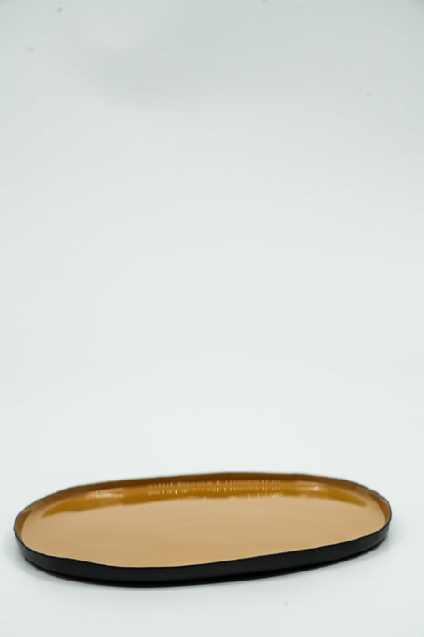 Oval enamelled serving tray, black/mustard yellow, 18.5x17x1cm