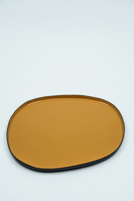 Oval enamelled serving tray, black/mustard yellow, 18.5x17x1cm