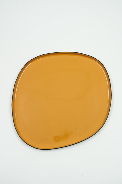 Oval enamelled serving tray, black/mustard yellow, 18.5x17x1cm
