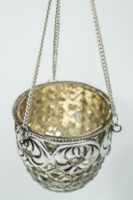 Lanterne suspendue, laiton, motif floral, couleur argentée, style antique, 7,5 x 6 cm