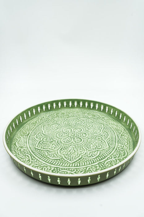 Plateau de service, émail martelé, vert, 35 x 4,5 cm