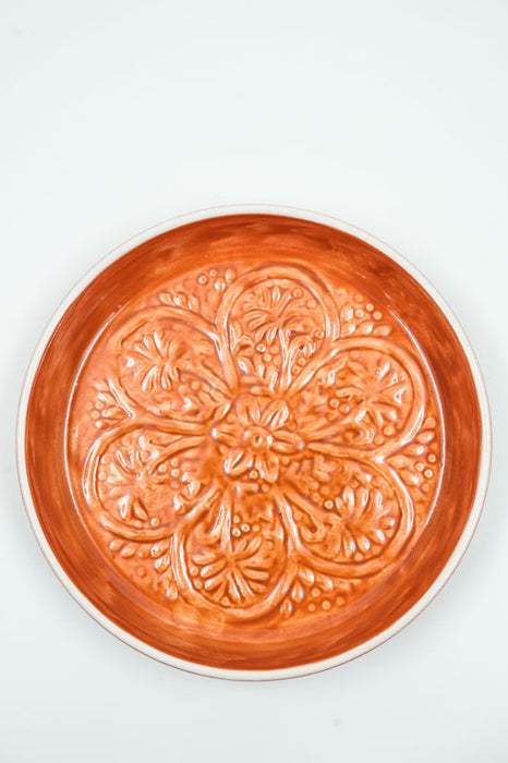 Round hammered enamel serving tray, rust red, 18.5x3cm