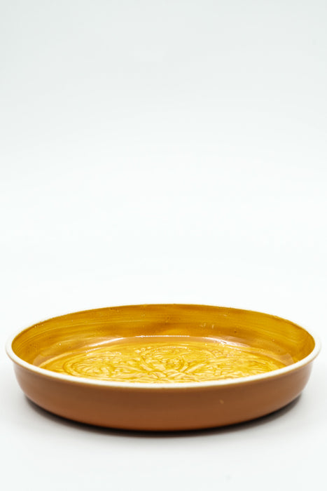 Round hammered enamel serving tray, mustard yellow, 18.5x3cm