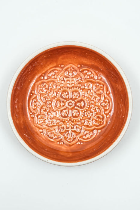 Decorative plate, round, hammered, enamelled, rust red, 10x1cm