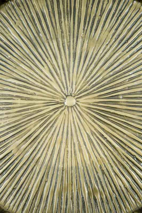 Round aluminum serving tray with a radiating pattern in brass look, medium size 25.5x2.5cm