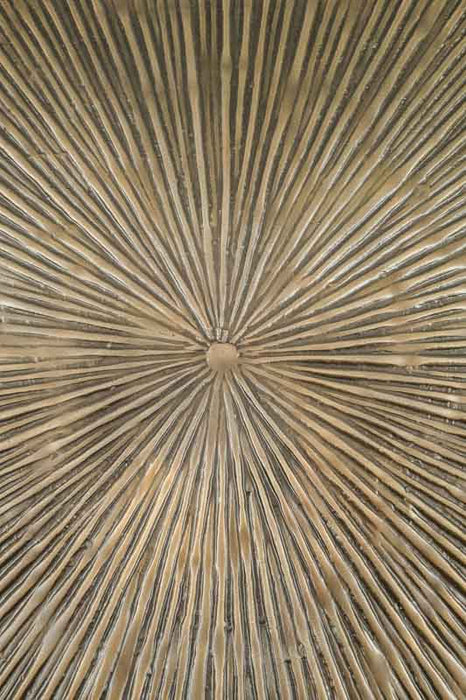 Round aluminum serving tray with a radiating pattern in brass look, large, 35.5x2.5cm