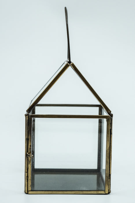 Antique brass 4-sided lantern with glass roof, medium size 9x9x13.5cm