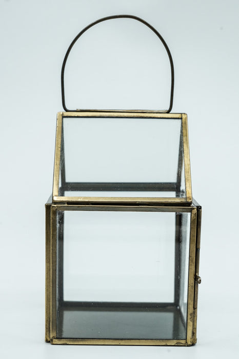 Antique brass 4-sided lantern with glass roof, medium size 9x9x13.5cm