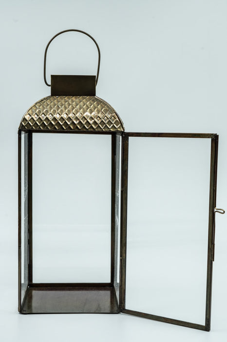 Antique brass lantern, 4-sided, with brass roof, medium size 12.5x12.5x30cm