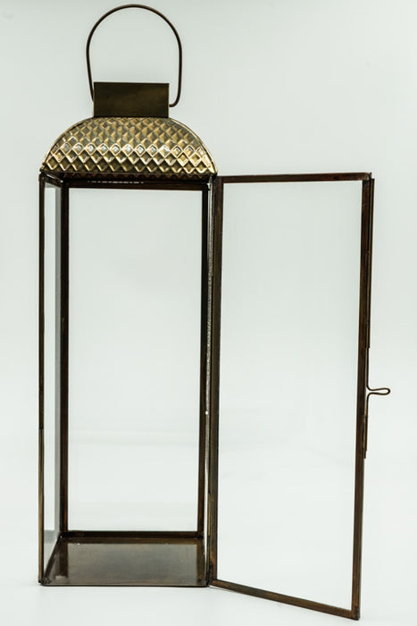 Large square brass lantern with brass roof, 12.5x12.5x38cm