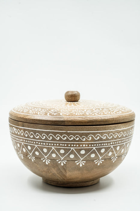 Holzbox rund Mangoholz bemalt mit Deckel 18.75x12.5cm