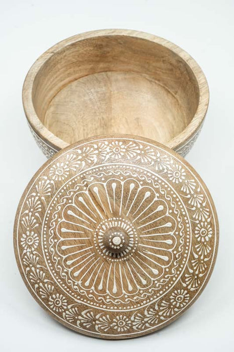 Holzbox rund Mangoholz bemalt mit Deckel 18.75x12.5cm