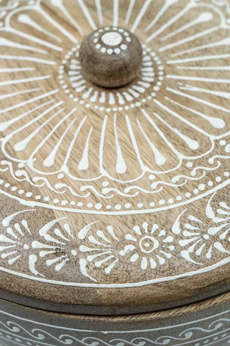 Holzbox rund Mangoholz bemalt mit Deckel 18.75x12.5cm