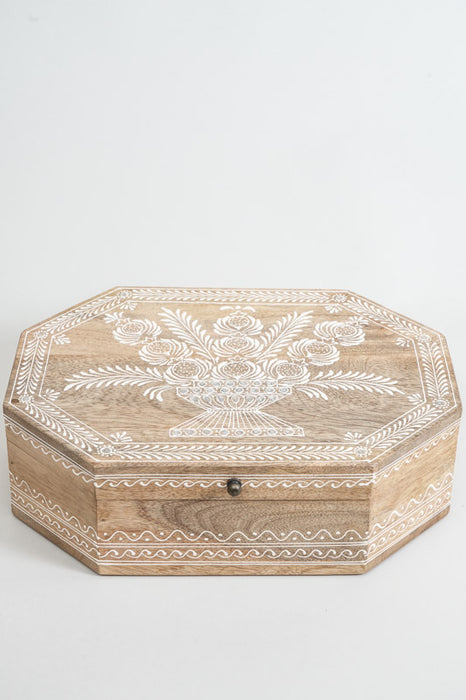 Holzbox 8-eckig Mangoholz bemalt 35x25.5x10.5cm