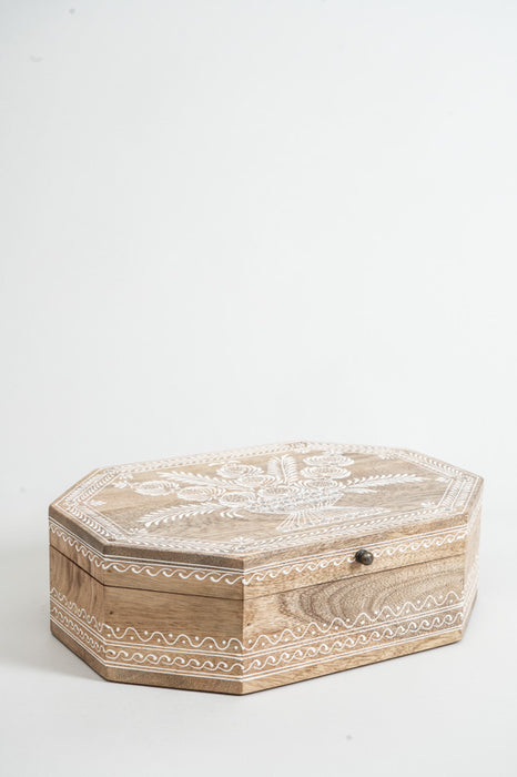 Holzbox 8-eckig Mangoholz bemalt 35x25.5x10.5cm