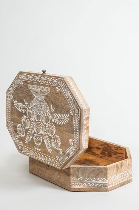 Holzbox 8-eckig Mangoholz bemalt 35x25.5x10.5cm