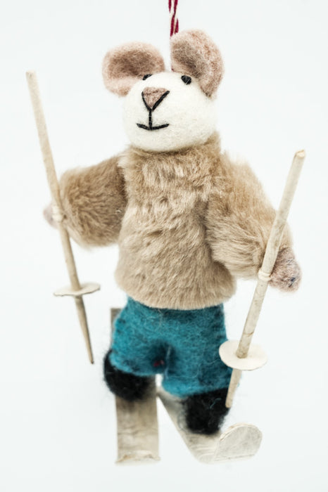 Weihnachtshänger Filz Maus mit Ski und Stöcken 12 cm