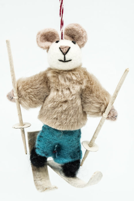 Weihnachtshänger Filz Maus mit Ski und Stöcken 12 cm