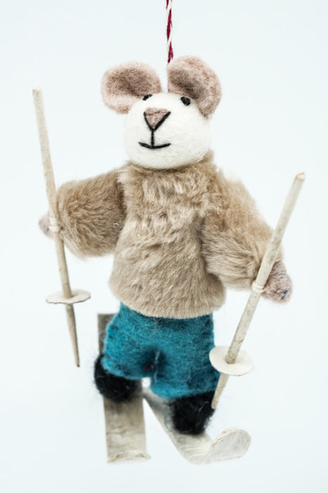 Weihnachtshänger Filz Maus mit Ski und Stöcken 12 cm