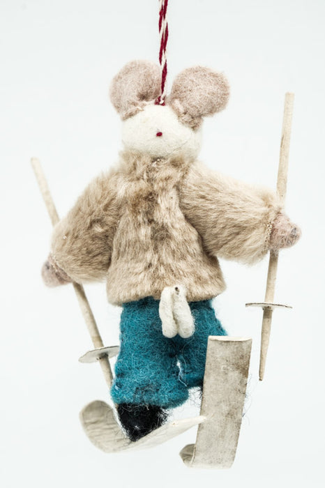 Weihnachtshänger Filz Maus mit Ski und Stöcken 12 cm