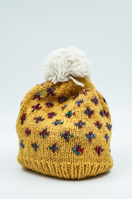Bonnet tricoté jaune/rouge/vert avec pompon - Taille unique