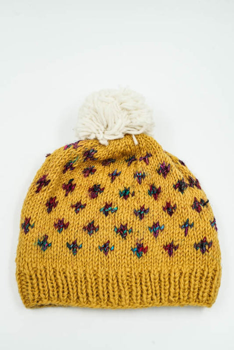 Bonnet tricoté jaune/rouge/vert avec pompon - Taille unique