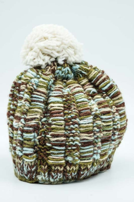 Strickmütze olive/grün/braun mit Bommel - One Size