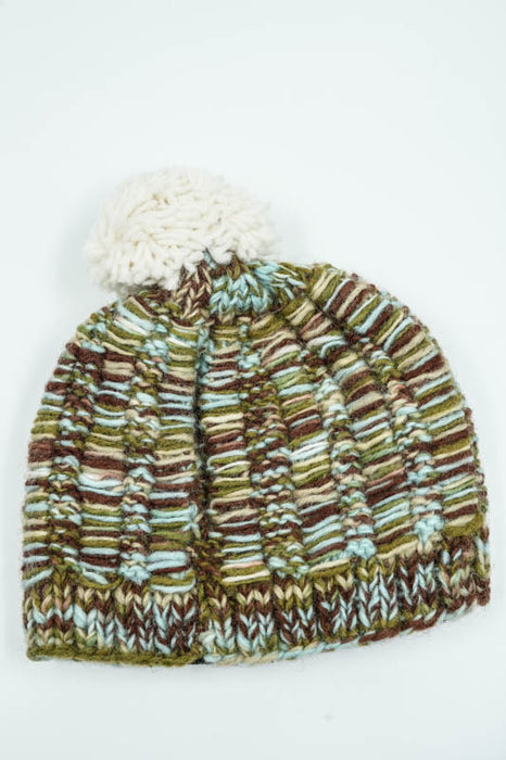 Strickmütze olive/grün/braun mit Bommel - One Size
