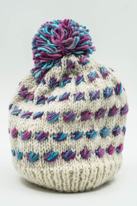 Knitted hat white/light blue/purple with pompom - One Size