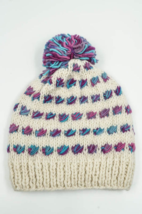 Knitted hat white/light blue/purple with pompom - One Size