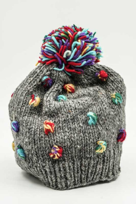 Bonnet tricoté gris/rouge/vert/jaune avec pompon - Taille unique