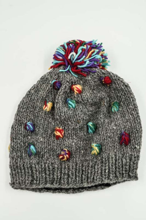 Bonnet tricoté gris/rouge/vert/jaune avec pompon - Taille unique