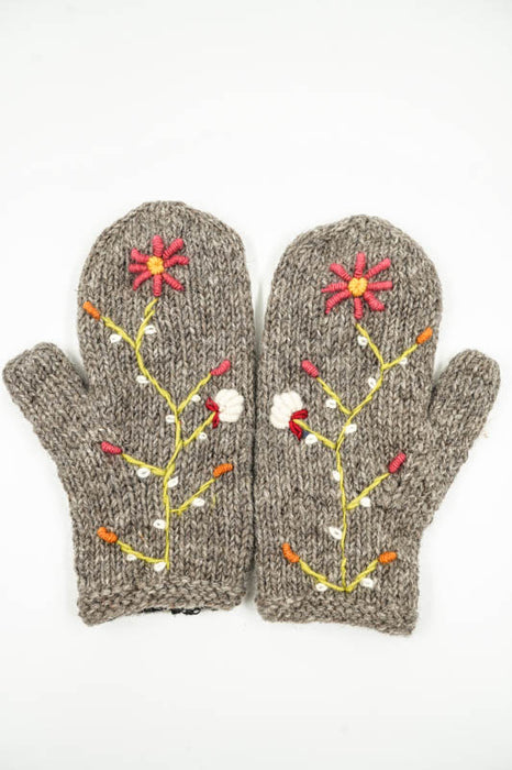 Gants tricotés gris clair à fleurs - Taille unique