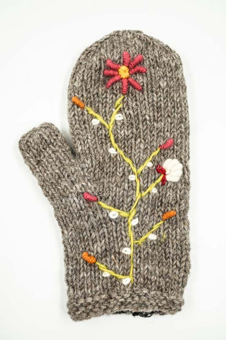Gants tricotés gris clair à fleurs - Taille unique