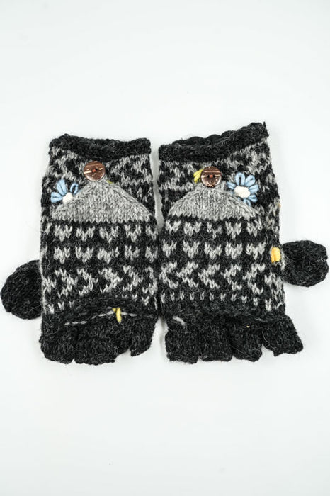Gants tricotés gris foncé à motif floral - Taille unique