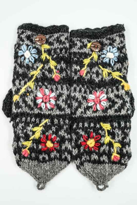 Gants tricotés gris foncé à motif floral - Taille unique
