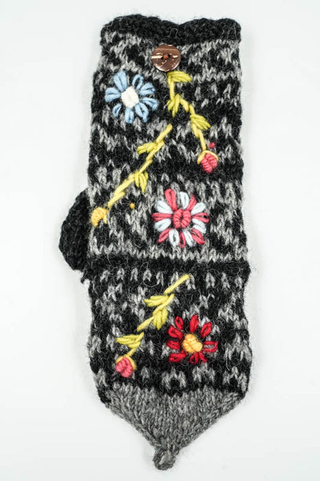 Gants tricotés gris foncé à motif floral - Taille unique