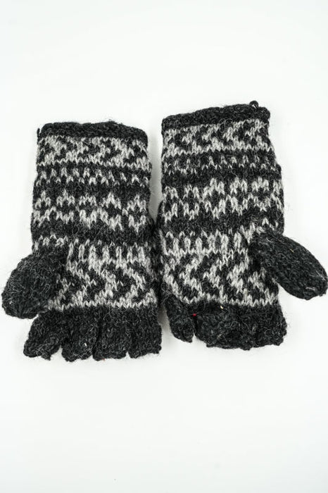 Gants tricotés gris foncé à motif floral - Taille unique