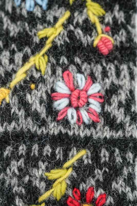Gants tricotés gris foncé à motif floral - Taille unique