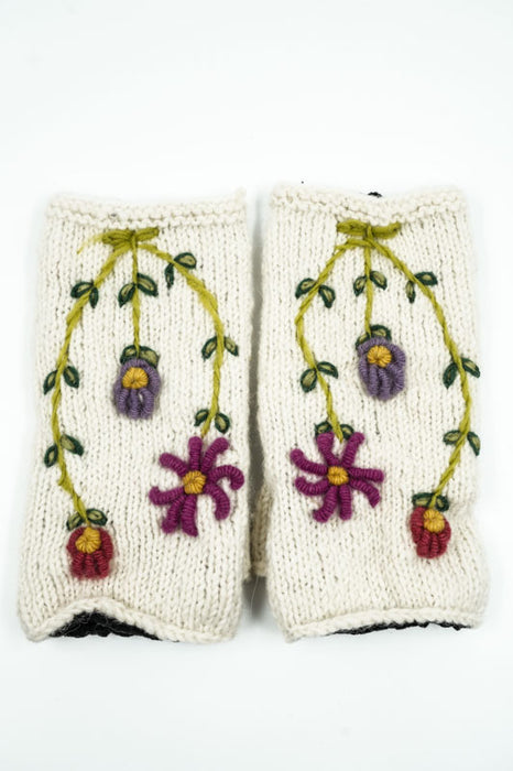 Mitaines tricotées écru à fleurs - Taille unique