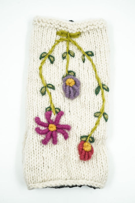 Mitaines tricotées écru à fleurs - Taille unique