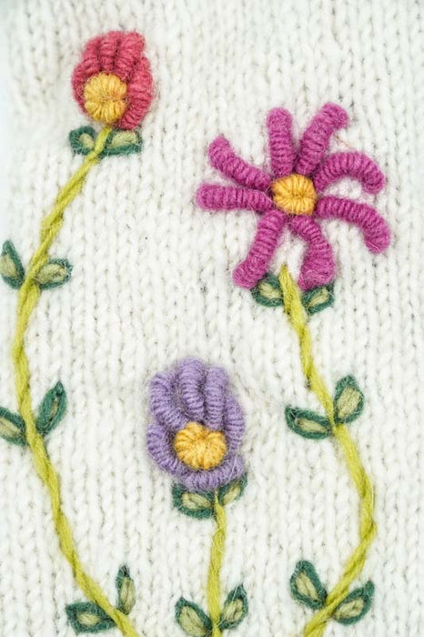 Mitaines tricotées écru à fleurs - Taille unique