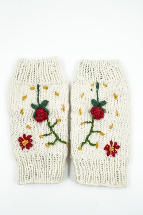 Knitted wrist warmer, off-white with roses and flowers - One Size