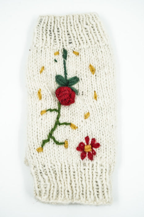 Knitted wrist warmer, off-white with roses and flowers - One Size