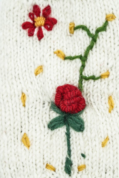 Knitted wrist warmer, off-white with roses and flowers - One Size