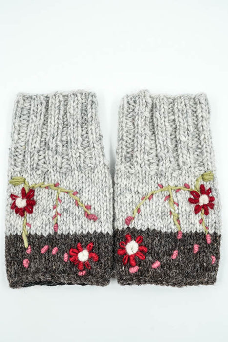 Strickpulswärmer grau/braun mit Blumen - One Size