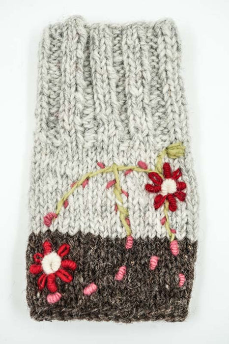Strickpulswärmer grau/braun mit Blumen - One Size