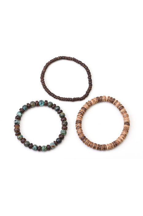 Bracelet homme 3 pièces turquoise africaine, séparateur noix de coco 21 cm