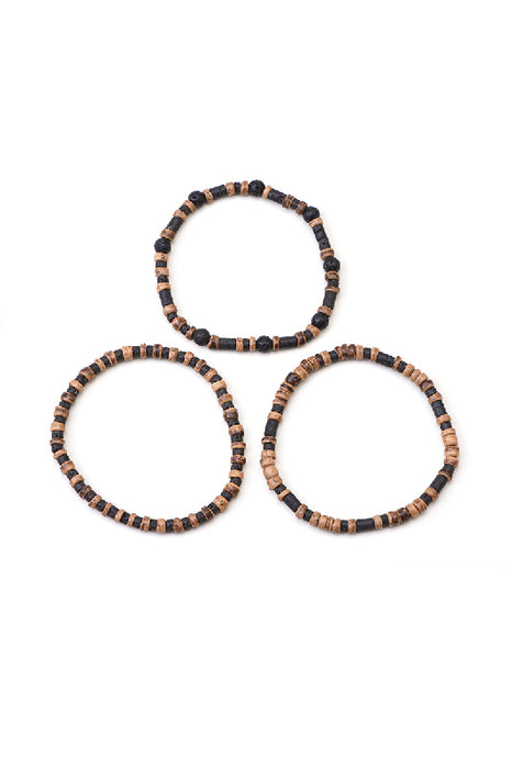 Bracelet homme 3 pièces pierre de lave, séparateur noix de coco 20,5 cm